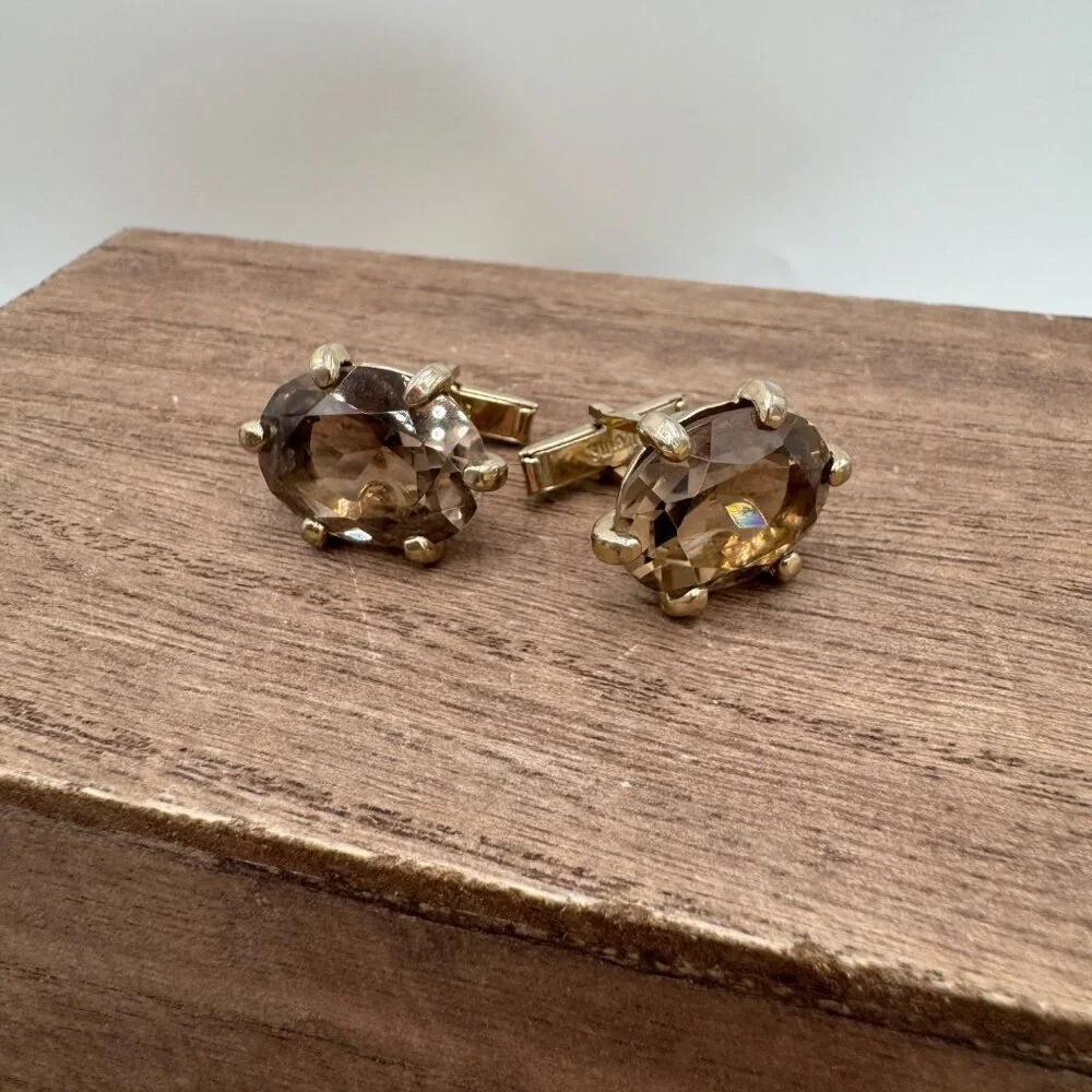 Vintage Swank Smoky Quartz Checkerboard Faceted Gold Tone Cufflinks